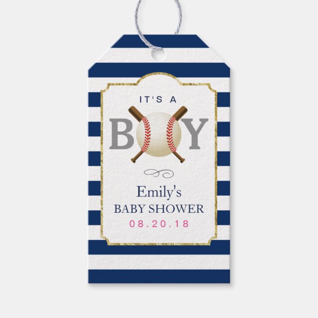 Baseball Themed Boy Navy Blue Stripes Baby Dusche Geschenkanhänger (Vorderseite)