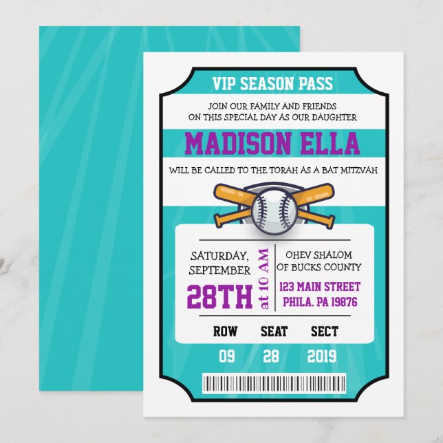 BASEBALL TICKET Bar Bat Mitzvah Einladung (Vorne/Hinten)