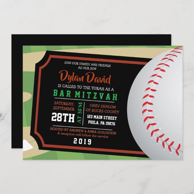 BASEBALL TICKET Bar Bat mitzvah Invitation (Devant / Derrière)