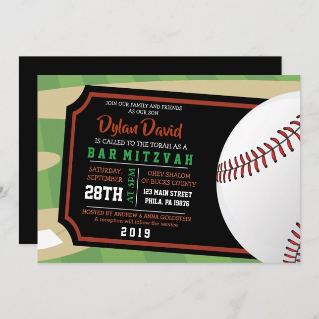 BASEBALL TICKET Bar Invitation Bat mitzvah (Devant / Derrière)