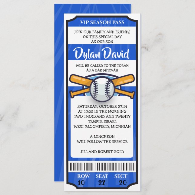 BASEBALL TICKET Bar Invitation Bat mitzvah (Devant / Derrière)