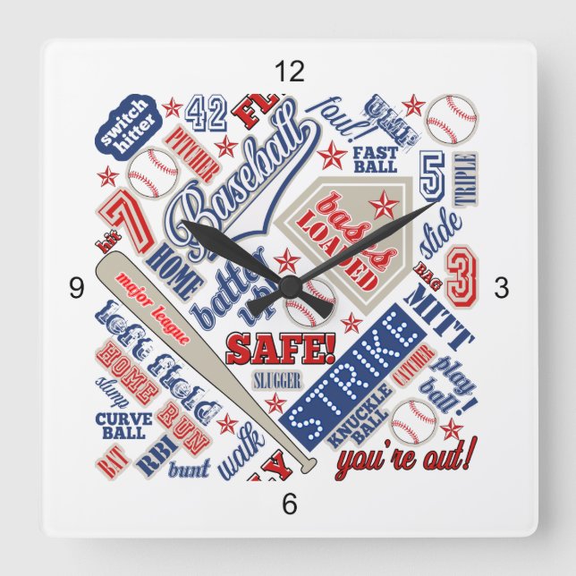 Baseball Typografie Red White Blue ID770 Quadratische Wanduhr (Vorderseite)