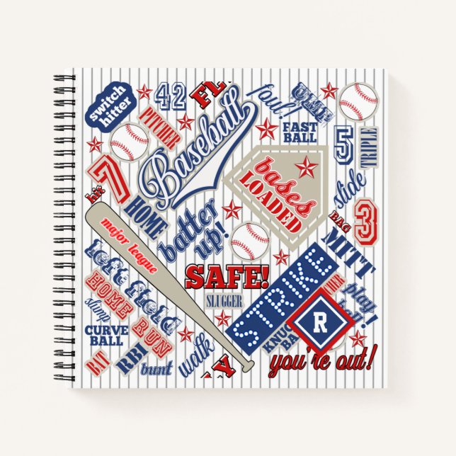 Baseball Typografie Red White Blue Stripes ID770 Notizbuch (Vorderseite)