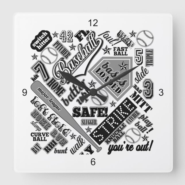Baseball Typografie Schwarz-weiß ID770 Quadratische Wanduhr (Vorderseite)
