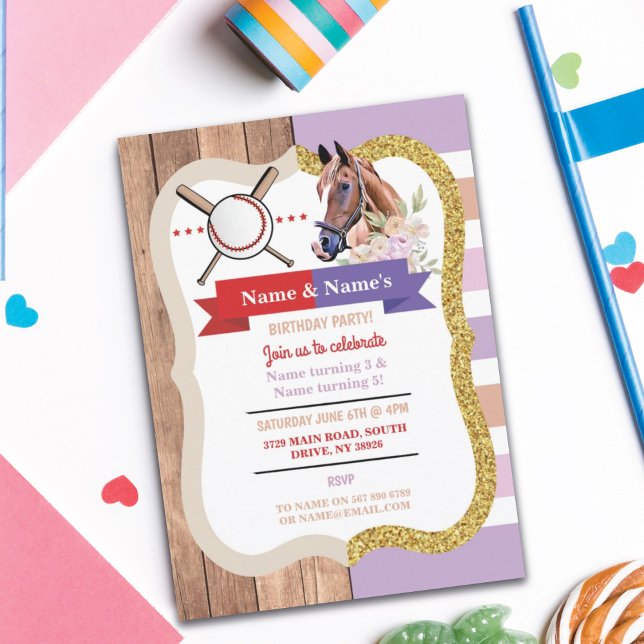 Baseball und Horse Joint Boy Girl Birthday Einladu Einladung (Von Creator hochgeladen)