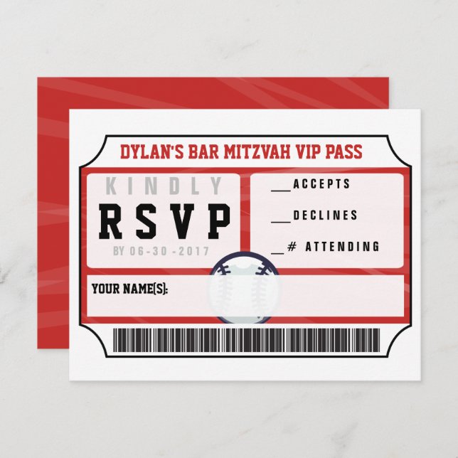 BASEBALL VIP REPLY CARD Bar Bat Mitzvah Einladung (Vorne/Hinten)