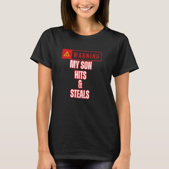 Baseball warnt meine Sohn Hits and Steals Parent B T-Shirt (Vorderseite)