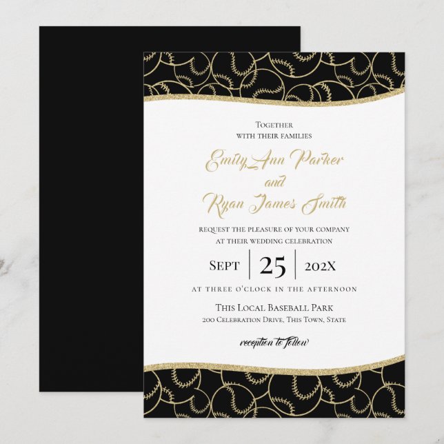 Baseball Wedding Gold und Black Einladung (Vorne/Hinten)