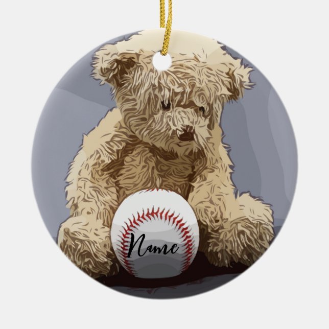 Baseball Weihnachten mit Ball und Teddy Bären Keramik Ornament (Vorne)