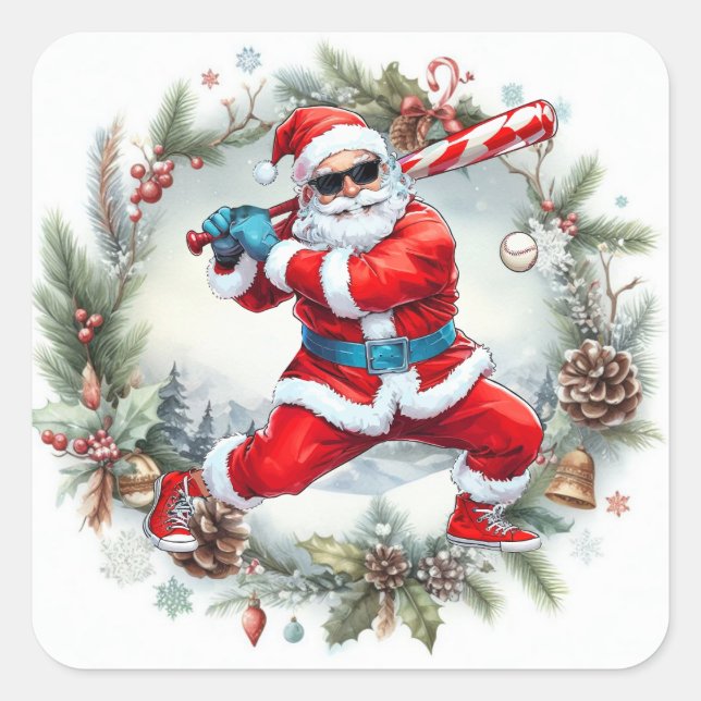 Baseball Weihnachten mit dem Weihnachtsmann Quadratischer Aufkleber (Vorderseite)