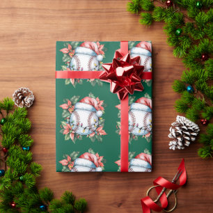 Baseball Weihnachten mit Weihnachtsmannmütze Geschenkpapier