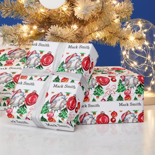 Baseball Weihnachten mit Weihnachtsmannmütze Geschenkpapier (Feiertage)