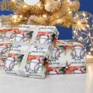 Baseball Weihnachten mit Weihnachtsmannmütze Geschenkpapier