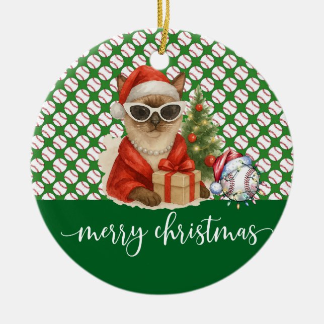 Baseball Weihnachten Thema für Cat Lovers Keramik Ornament (Vorne)