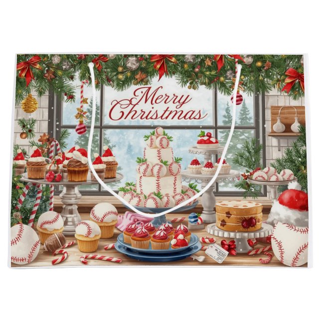 Baseball Weihnachten Thema in Bäckerei Große Geschenktüte (Vorderseite)