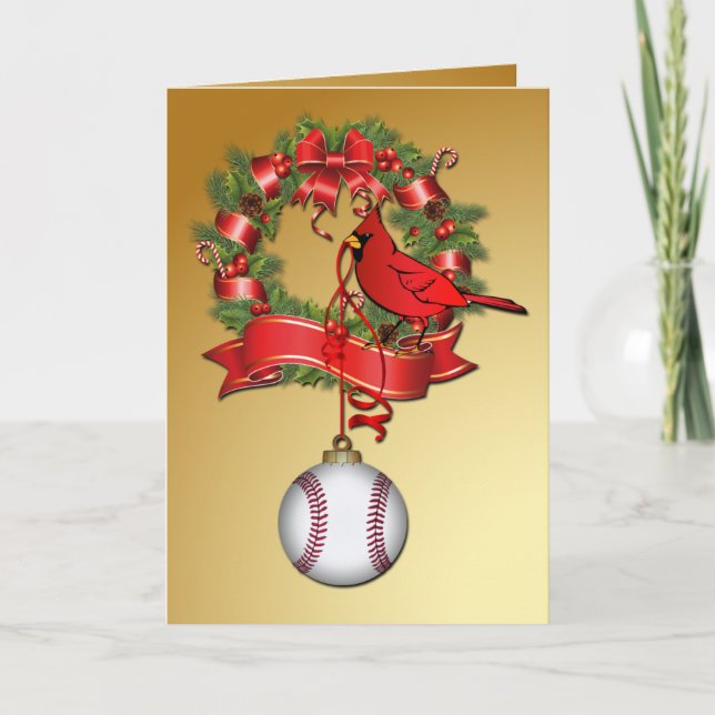 Baseball Weihnachtskranz mit Rotem Bird Feiertagskarte (Vorderseite)