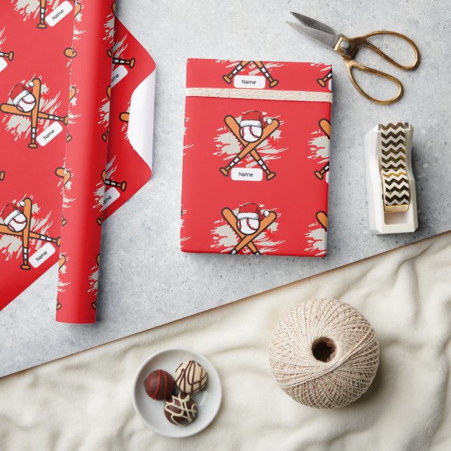 Baseball zu Weihnachten mit Weihnachtsmannmütze Geschenkpapier (Kunsthandwerk)
