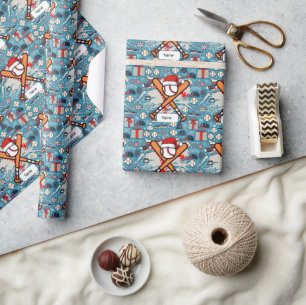 Baseball zu Weihnachten mit Weihnachtsmannmütze Geschenkpapier