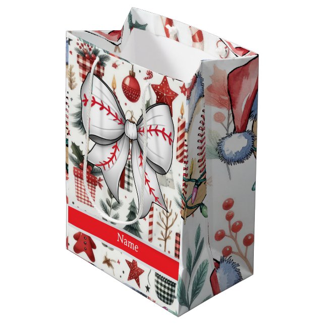 Baseball zu Weihnachten Thema Mittlere Geschenktüte (Vorderseite Schrägansicht)