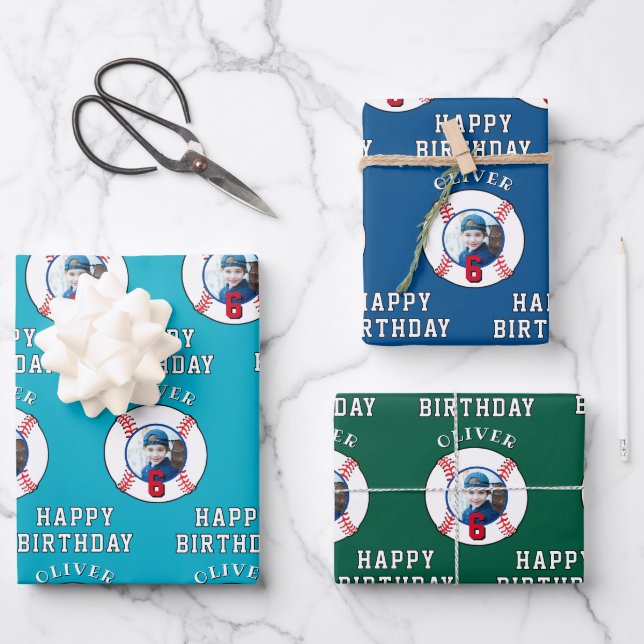 Baseballball Kinder Geburtstagsfoto Geschenkpapier Set (Vorderseite)