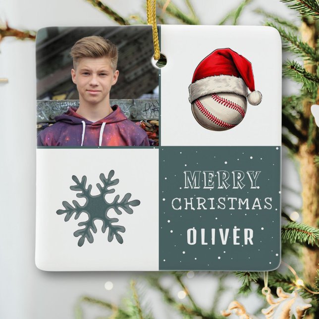 Baseballball mit Weihnachtsmannmütze Snowflake Fot Keramikornament (Von Creator hochgeladen)