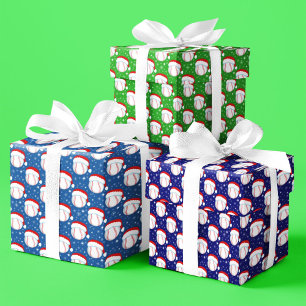 Basebälle tragen Santas Hut und Schneeflocken bunt Geschenkpapier Set