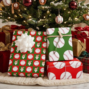 Basebälle und Weihnachtsmann Rot und Grün Weihnach Geschenkpapier Set