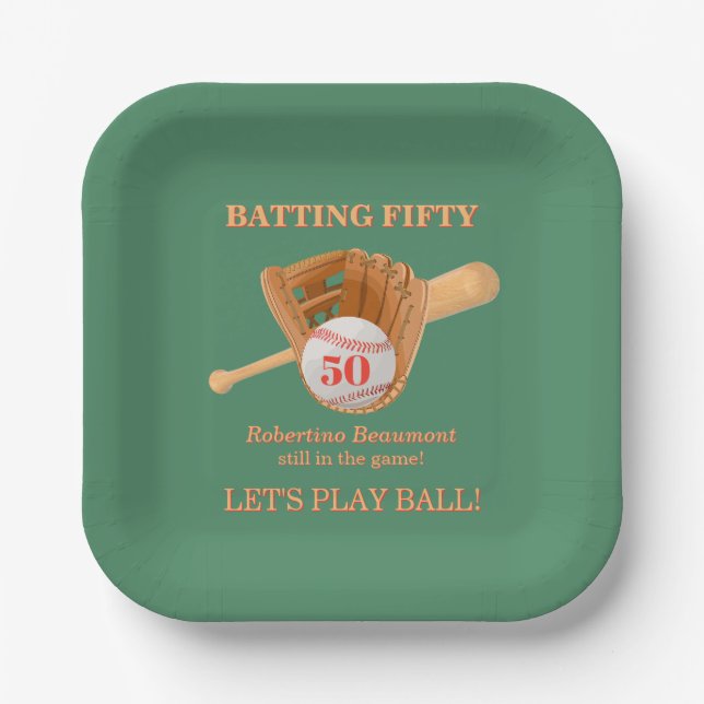 Baseballhandschuh Batting Fifty Männer 50. Geburts Pappteller (Vorderseite)