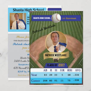 Baseballkarte W/ Stats Grad Einladungen - blau