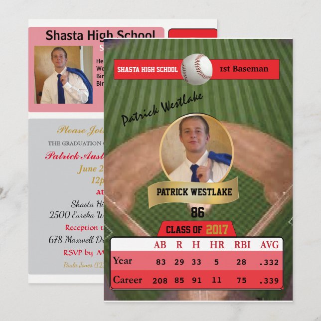 Baseballkarte W/ Stats Grad Einladungen - rot (Vorne/Hinten)