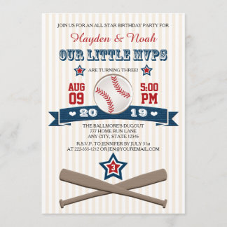 BASEBALLmvp-GEBURTSTAGS-EINLADUNG FÜR ZWILLINGE Einladung