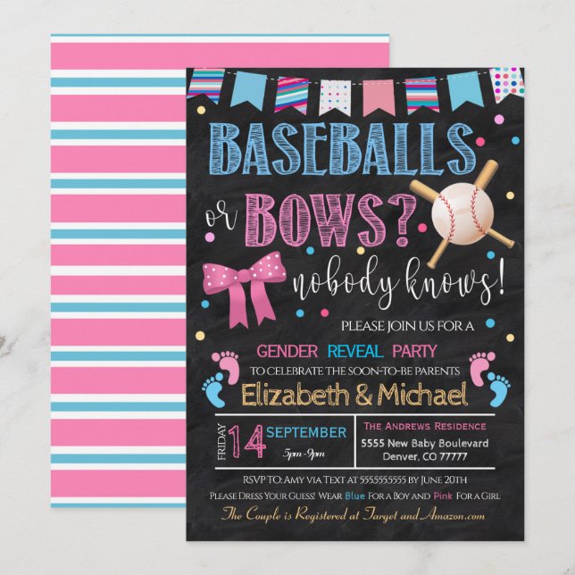 Baseballs ou Bows Genre Révéler Invitation (Devant / Derrière)