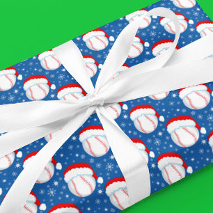Baseballs tragen Santas Hut & Schneeflocken Denim  Geschenkpapier