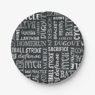 Baseballspiel-Schreibtafel-Wörter und -Begriffe Pappteller