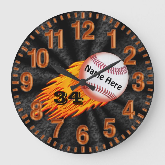 Baseballuhren mit IHREM NAMEN und IHRER NUMMER fla Große Wanduhr (Vorderseite)