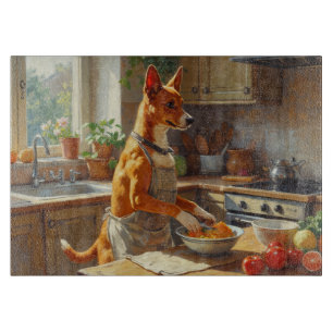 Basenji beim Kochen in der Küche Schneidebrett