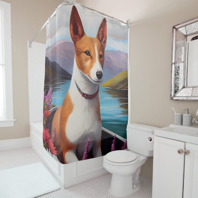 Basenji Dog auf einem Paddel: Ein Landschaftliches Duschvorhang (Beispiel)