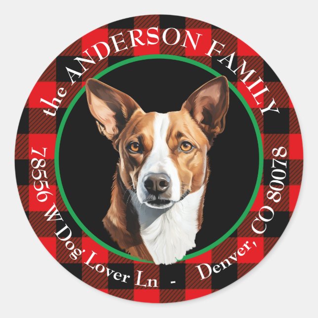 Basenji Dog Buffalo Karierte Rücksendeadresse Runder Aufkleber (Vorderseite)