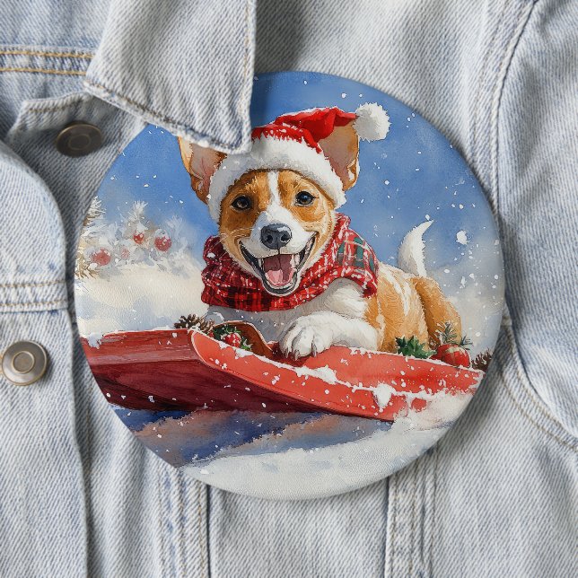 Basenji Dog in Sledge Lass es Schnee Weihnachten Button (Beispiel)