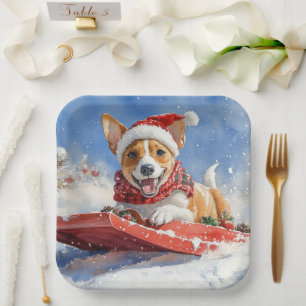 Basenji Dog in Sledge Lass es Schnee Weihnachten Pappteller