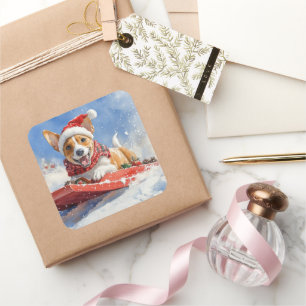 Basenji Dog in Sledge Lass es Schnee Weihnachten Quadratischer Aufkleber