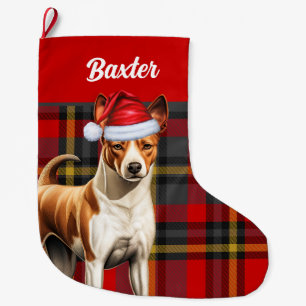 Basenji Dog rot und grün Kariert mit Name Großer Weihnachtsstrumpf