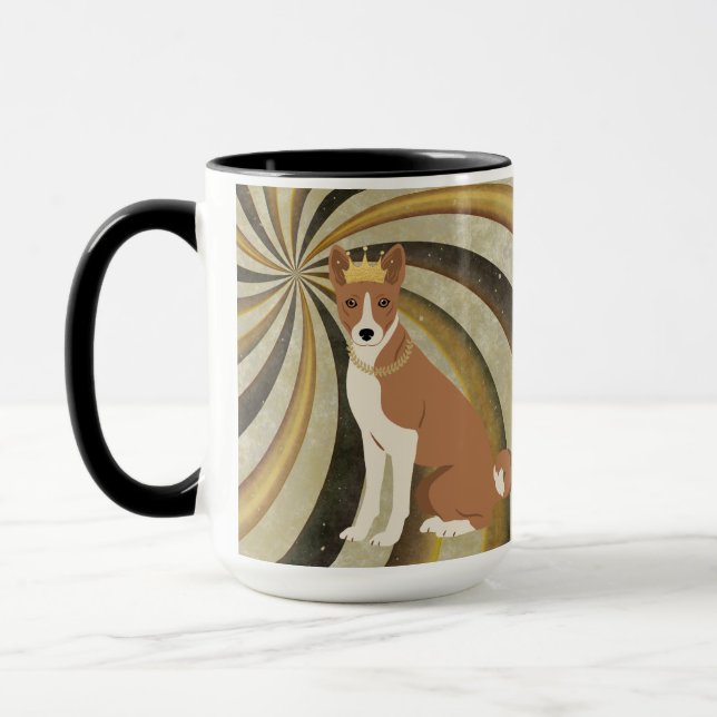 Basenji Dog Rot und Weiß auf wirbelndem Hintergrun Tasse (Links)