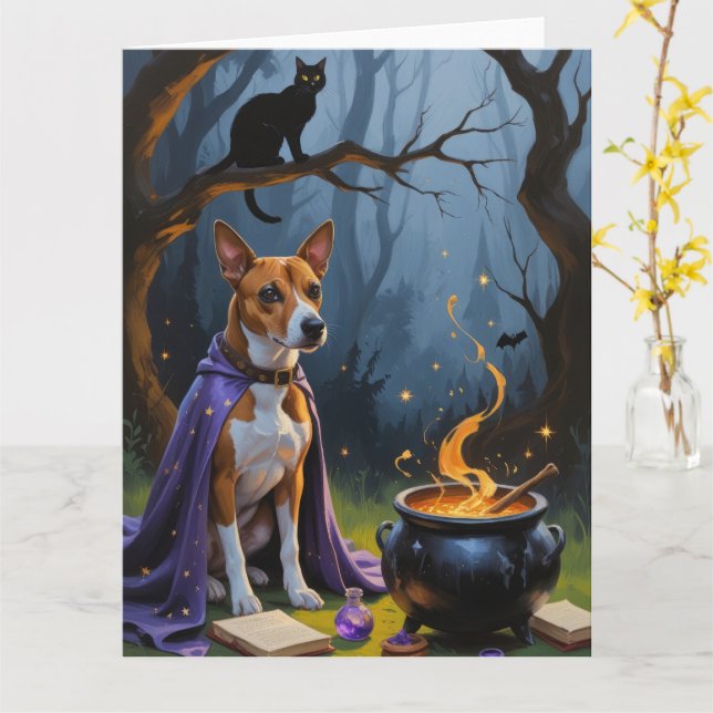 Basenji Dog Whimsical Halloween Malerei Karte (Gelbe Blume)