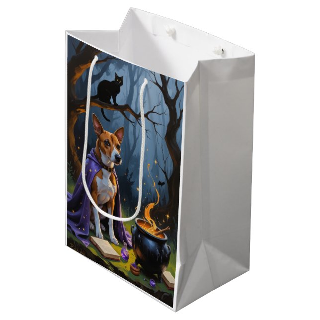 Basenji Dog Whimsical Halloween Malerei Mittlere Geschenktüte (Vorderseite Schrägansicht)