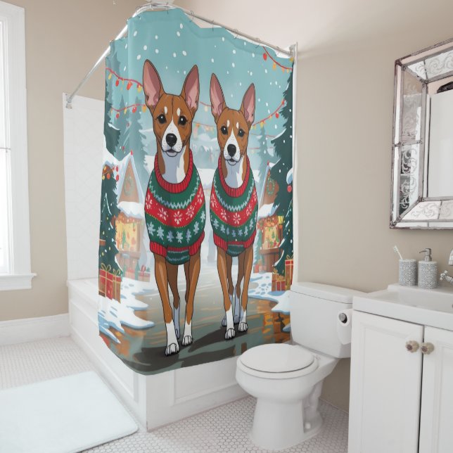 Basenji Dogs Christmas Snow Holiday  Duschvorhang (Beispiel)