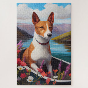 Basenji-Hund auf einem Paddel: Ein landschaftliche