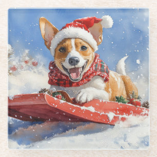 Basenji-Hund im Schlitten Lass es schneien Weihnac Glasuntersetzer