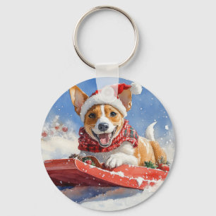 Basenji-Hund im Schlitten Lass es schneien Weihnac Schlüsselanhänger