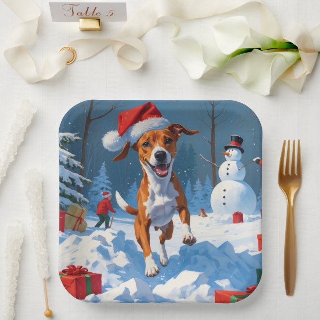 Basenji Hund spielen in der Schnee-Winter-Szene Pappteller (Hochzeit)